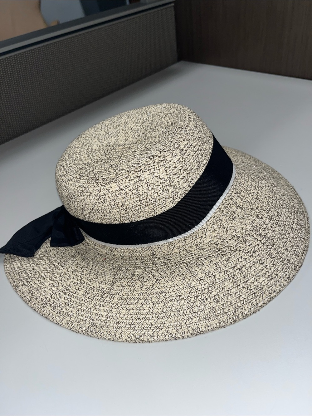 Siggi Wide Brim Straw Sunblocking Hat with Black white Ribbon